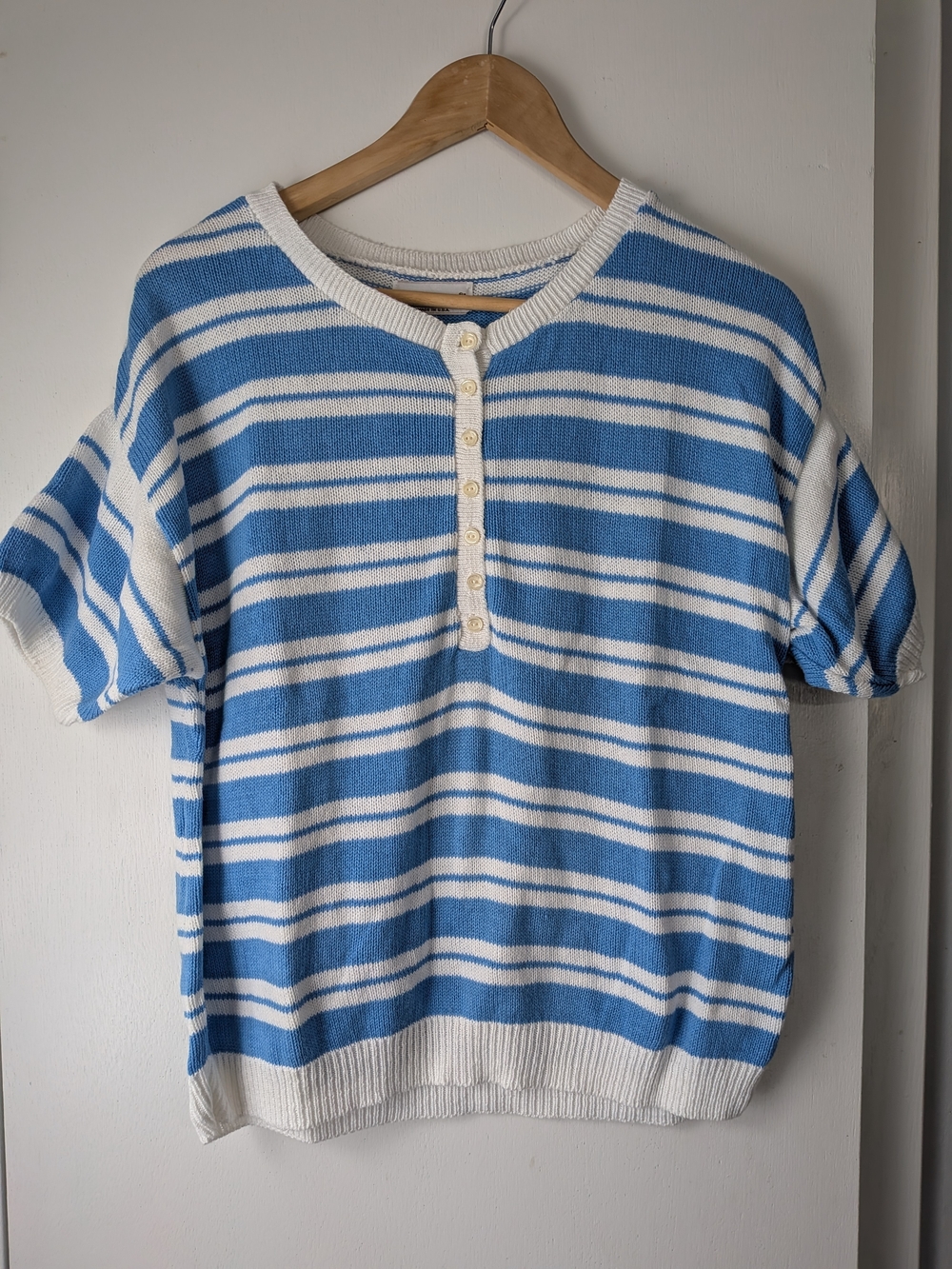 Vintage 1992 Garland Blue White Striped Cotton Knit Henley Sweater USA